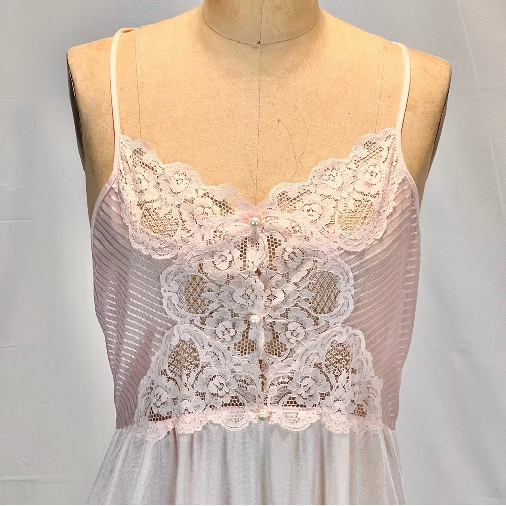 VINTAGE pastel lace blush pink long maxi nightgown evening gown lingerie 70s 80s